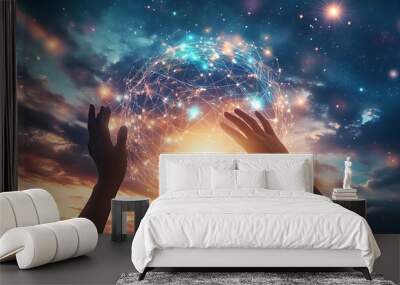 Abstract science, hands touching earth and circle global network connection communication on sunset background, technology and innovation.  Wall mural