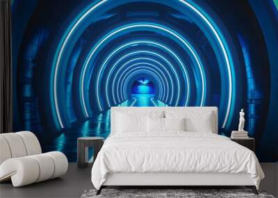 Abstract tunnel, corridor with rays of light and new highlights. Abstract blue background, neon. Scene with rays and lines, Round arch, light in motion, night view Wall mural