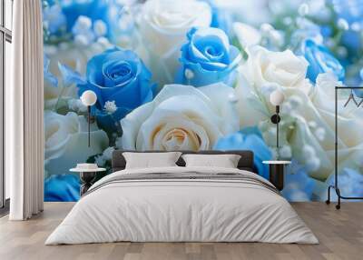 Artificial elegance beautiful colorful blossom rose flowers bouquet. Close up white and blue rose flowers bouquet for Valentine or wedding background and wallpaper.  Wall mural