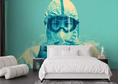 Asian doctor in protective hazmat PPE suit wearing medical latex gloves. Wall mural