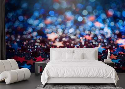 Background of red, white, and blue sparkling glitter scattered with shiny stars confetti. 4th of July celebration background.  Wall mural