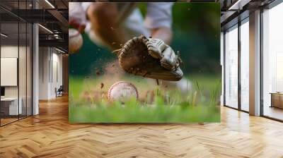 Baseball shortstop catches the ball on professional baseball stadium.  Wall mural