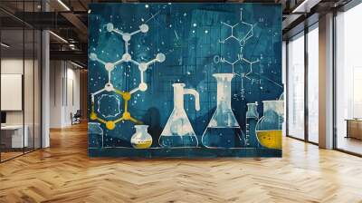 beaker and flask in science laboratory with chemical structure blue banner background.  Wall mural