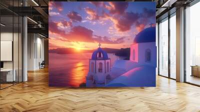 Beautiful view of Churches in Oia village, Santorini island in Greece at sunset, with dramatic sky.  Wall mural