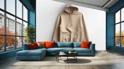 Beige hoodie template. Hoodie sweatshirt long sleeve with clipping path, hoody for design mockup for print, isolated on white background.  Wall mural