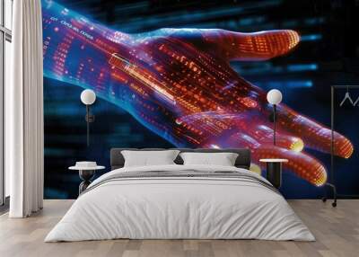 Big Data concept. Digital neural network.Business woman hand touching Introduction of artificial intelligence. Cyberspace of future.Science and innovation of technology. Wall mural