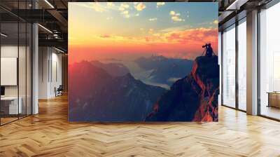 binoculars on top of rock mountain at sunset.  Wall mural