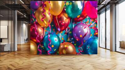 Black friday sale background with beautiful balloons and flying serpentine.  Wall mural