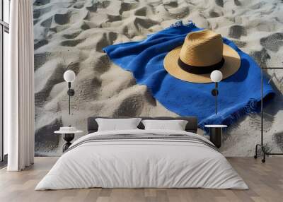 blue towel with hat and summer beach.  Wall mural