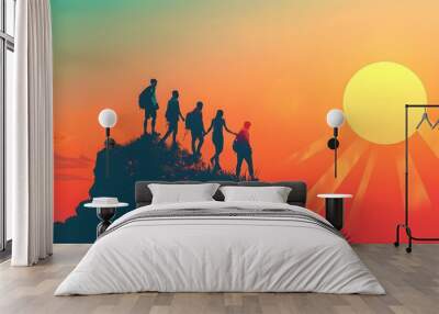 Business team success concept.silhouette of business man on peak mountain climbing helping on sunset background teamwork.  Wall mural