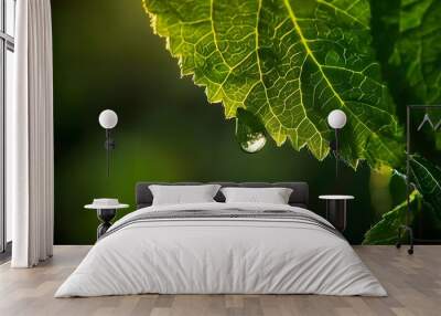 Close up of a raindrop on a leaf, green panoramic nature and environment background.  Wall mural