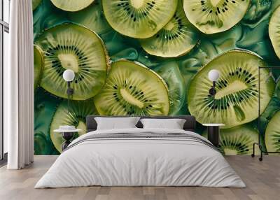 Close up of green kiwi fruit slices. Wall mural