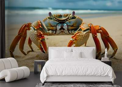 Close up photo, front view of a big crab standing on the sand of a beach. Wall mural