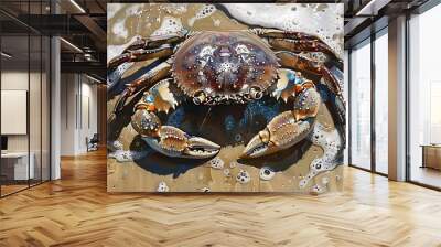 Close up photo, front view of a big crab standing on the sand of a beach. Wall mural