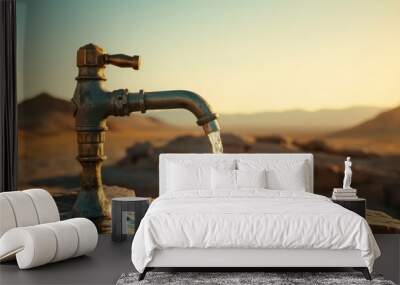 Close up the old faucet releases water, bokeh desert background Wall mural