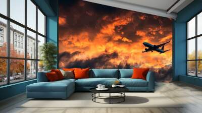 Commercial airplane flying above dramatic clouds during sunset.  Wall mural