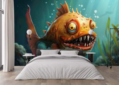 Cute cartoon piranha with sharp teeth.  Wall mural