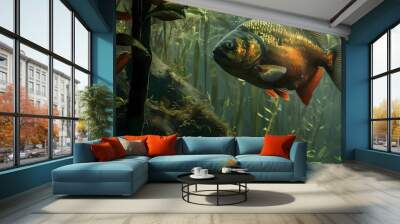 Cute cartoon piranha with sharp teeth.  Wall mural