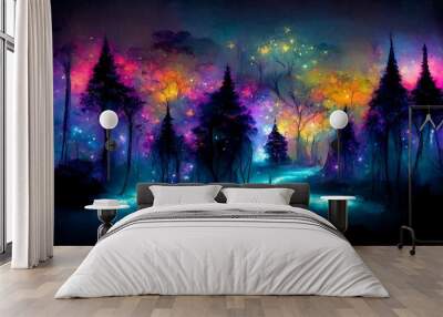 Dark Night fairytale fantasy forest landscape with magical glows Abstract forest, magic fantasy night lights neon Wall mural