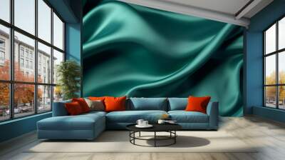 Dark teal green silk satin Shiny smooth fabric Soft folds Luxury background with space for design Wall mural