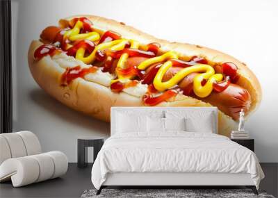 Delicious hot dog with ketchup and mustard, isolated on white background.  Wall mural