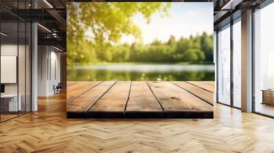 Empty wooden table on blurred river and forest bench background.  Wall mural