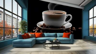 Fragrant hot coffee in a white cup with beans spilling roasted  Wall mural