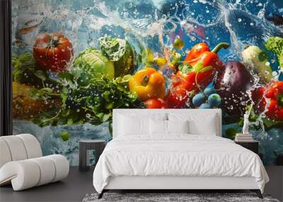 Fresh vegetables, fruits and water splashes on panoramic background.  Wall mural