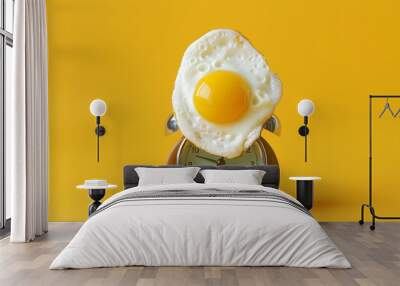 Fried egg sunny side on a vintage alarm clock on yellow background, surreal photo collage. Breakfast time concept.  Wall mural