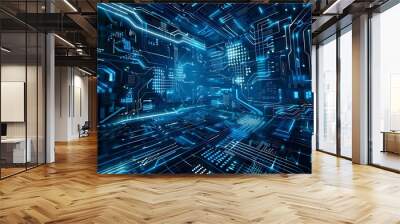 Futuristic blue background with lines circuit electronics.  Wall mural