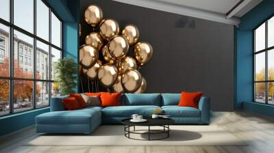 Gold balloons bunch on a black wall background. Horizontal banner. Wall mural