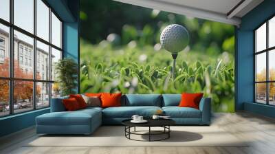 golf ball on tee and golf club.  Wall mural