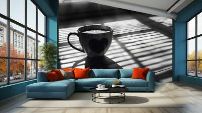 Heart shaped shadow on a coffee cup, black and white. Wall mural