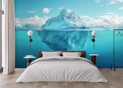 Iceberg in clear blue water and hidden danger under water. Iceberg - Hidden Danger And Global Warming Concept. Floating ice in ocean. Copyspace for text and design. Made with generative ai Wall mural