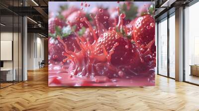 Juice splashes out from cutted strawberries on a white background Wall mural