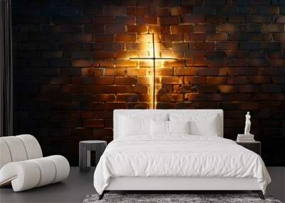 Lighted Cross Background. Back lit cross on a brick background with copy space.  Wall mural