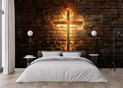 Lighted Cross Background. Back lit cross on a brick background with copy space.  Wall mural