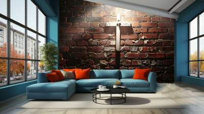 Lighted Cross Background. Back lit cross on a brick background with copy space.  Wall mural