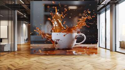 Liquid coffee wave splashing out from a white cup mug.  Wall mural