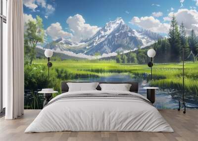 Majestic mountain peak tranquil meadow flowing water generated.  Wall mural