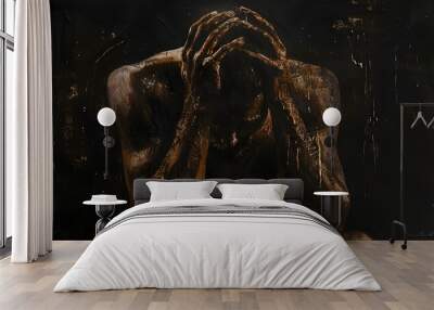 Man sitting alone felling sad worry or fear and hands up on head on black background. Wall mural