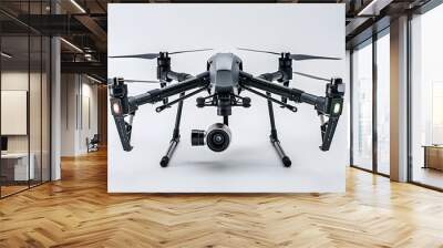 New dark grey drone quadcopter with digital camera and sensors flying isolated on white.  Wall mural