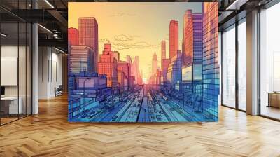 panoramic modern city skyline mix sketch effect.  Wall mural