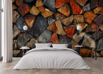 Photo of a stack of wood logs, wooden logs storage for winter, abstract background. Wall mural