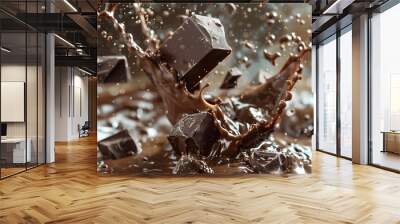 pieces of chocolate with chocolate splash.  Wall mural