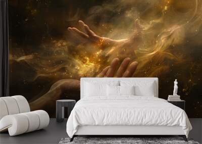 Praying hands with faith in religion and belief in God on blessing background. Power of hope or love and devotion. Magic powder floating on the magician hand.  Wall mural