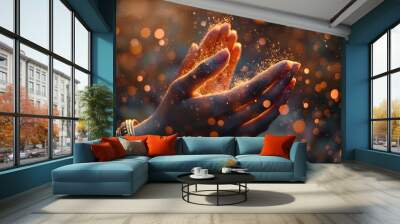 Praying hands with faith in religion and belief in God on blessing background. Power of hope or love and devotion. Magic powder floating on the magician hand.  Wall mural