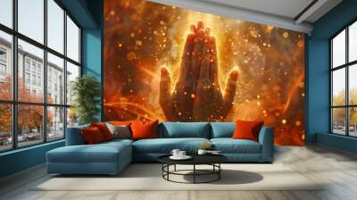 Praying hands with faith in religion and belief in God on blessing background. Power of hope or love and devotion. Magic powder floating on the magician hand.  Wall mural