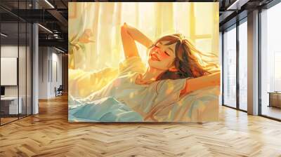 pretty happy girl waking up in the morning and stretching in her bed.  Wall mural