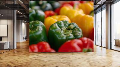 Red, green and yellow sweet bell peppers on table, close up.  Wall mural